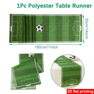 1Pc Soccer Themed Table Runner,  Green Polyester Tablecloth, Soccer Party Decorations, Kids Birthday Tabletop Decor, Football Party & Holiday Party Supplies