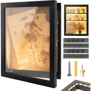 Shadow Box 14x11 Black Picture Frames Display Cases with LED Light,Memory Keepsakes Boxes with 4 Removable Trinket Shelf,for Anniversary Wedding  Graduates Memorial Collect-Distressed Retro