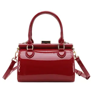 Small Patent Leather Top Handle Bag for Women – Mini Structured Frame Handbag with Detachable Strap