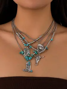 Western Style Turquoise & Beads Decor & Cow Pendant Necklace Set, Fashion Vintage Necklace for Party, Daily Clothing Decor, Trendy All-match & Exquisite Jewelry for Gift, Handmade Beaded Necklace