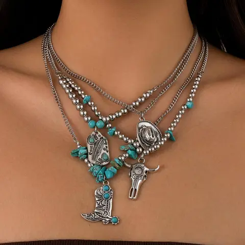 Western Style Turquoise & Beads Decor & Cow Pendant Necklace Set, Fashion Vintage Necklace for Party, Daily Clothing Decor, Trendy All-match & Exquisite Jewelry for Gift, Handmade Beaded Necklace