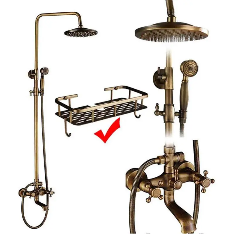 ATSHOWER Antique Brass Shower System with Shelf Bathroom Shower Faucet Set with 8 Inch Shower Head Handheld Spray and 360 ° Rotation Tub Spout 2 Cross Handles Outdoor Shower Fixtures