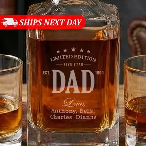 Personalized Father’s Day Whiskey Decanter Set - Custom Engraved with Kids' Names - 3pc or 5pc Bourbon Gift Set for Dad & Grandpa - Permanent Etched Glassware