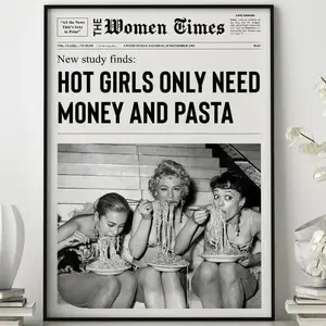 Girls Having Fun Eatting Pasta Newspaper Print Vintage Black and White Poster Wall Art Picture Living Room Decor Decoration Photo