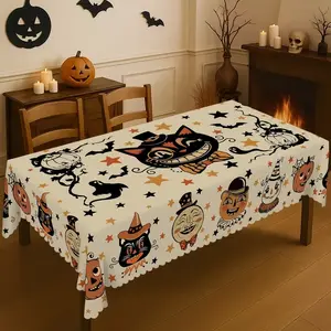 Halloween Tablecloth with Ghost, Pumpkin, Cat, Bat Patterns, Durable Polyester, Kitchen, Restaurant, Patio Party Decor