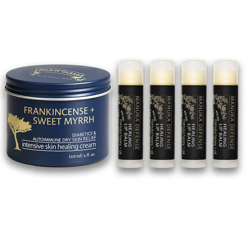 Balm of Gilead Frankincense & Sweet Myrrh Cream, Manuka Lip Balm 4-Pack Bundle - Nourishing, Moisturizing, Hydrating, Soothing Daily Lip & Body Care with Manuka Honey Oil, Moisturize