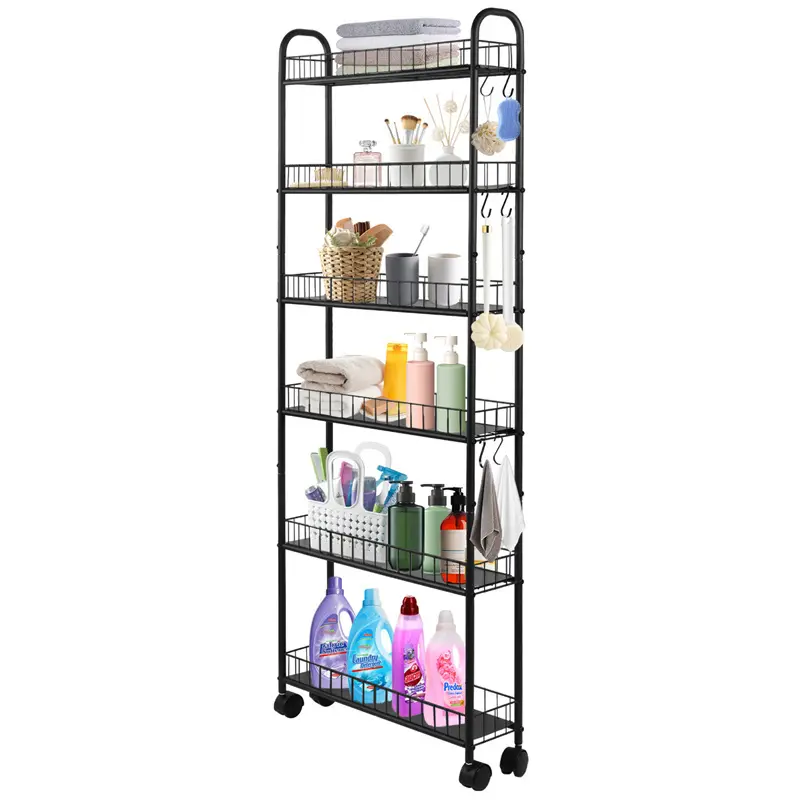6-Layer Slim Space-Saving Storage Cart - 6 in Deep Freestanding Durable Steel Rolling Organizer with Locked Caster Wheels, Utility Rack with Box for Kitchens