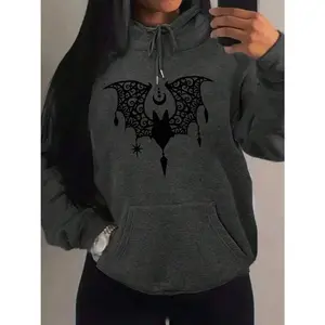 Women's Bat & Spider Web Print Graphic Hoodie - Cotton Blend Black Long Sleeve Pullover Regular Fit | Soft & Breathable Fabric, Durable Print, Everyday Comfort, Machine Washable, Gothic streetwear Casual fashion