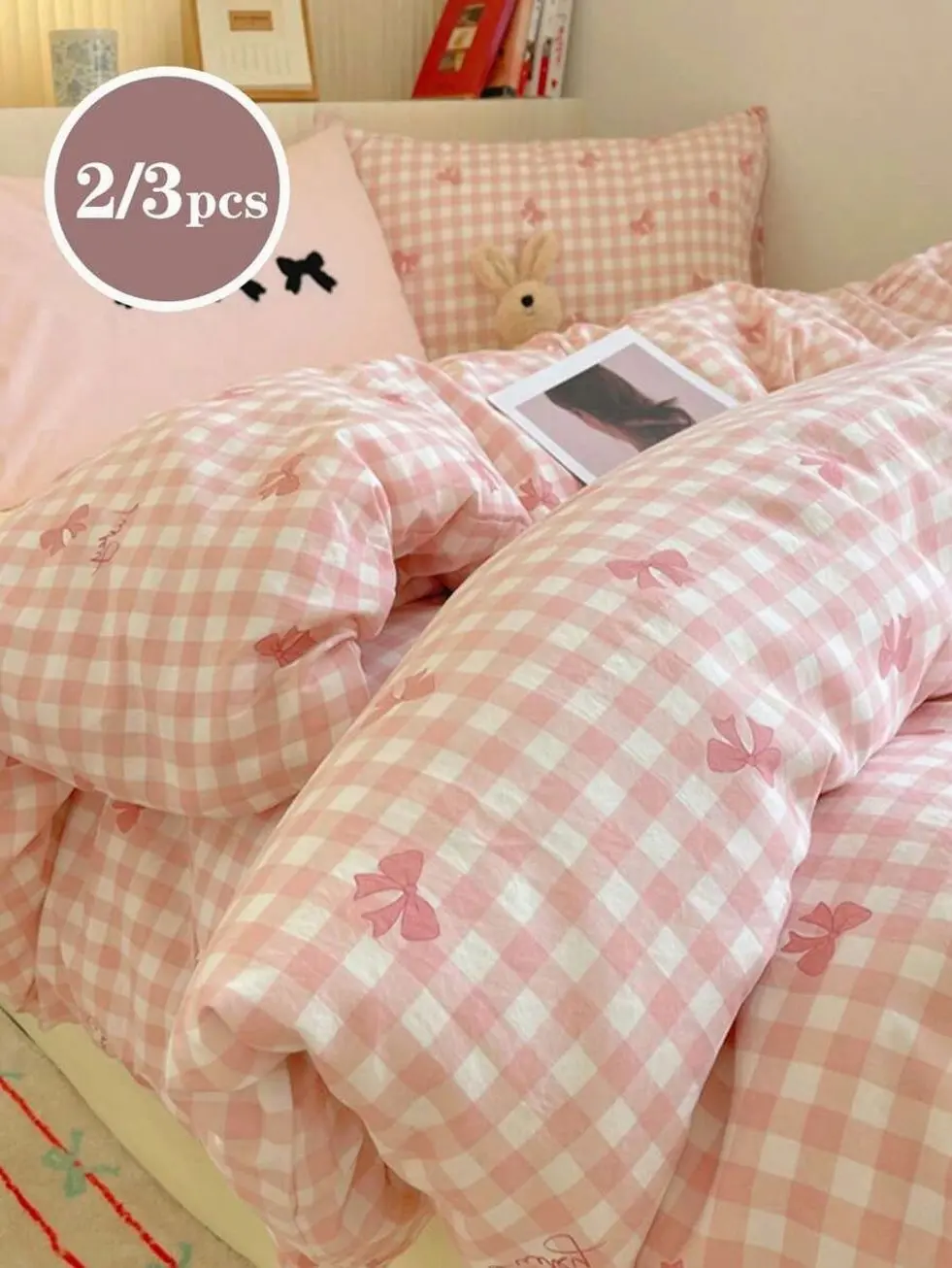 Pink Bow Blue Plaid Duvet Cover Set, 2/3 Piece Soft Brushed Bedding with Pillowcases, Cute Unisex Dorm Bedding, Twin XL Full Queen King