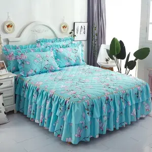 2 Layers Ruffle Bed Skirt Bedspread Sheet and Pillowcases Set Bed Wrap Easy Fit Around Ruffle Bedskirt Full/Queen/King/CK Size