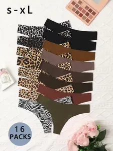 Women's Plain & Leopard Print Seamless Thong, Soft Comfy Breathable Panties for Daily Wear, Ladies Underwear for All Seasons, Seamless Breathable Knicker