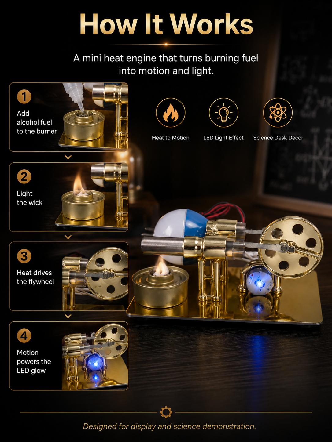 Heat‑Powered Stirling Engine Model with Burning Fuel & LED Motion Desk Toy