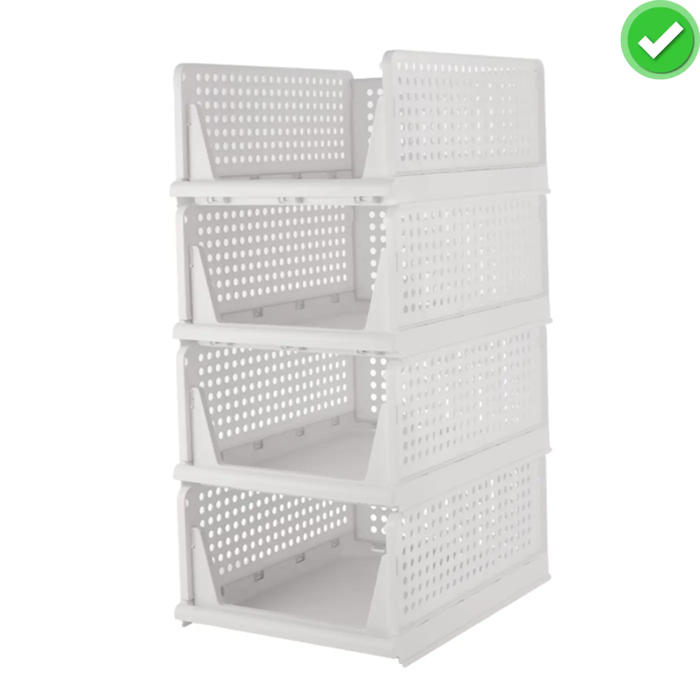 Stackable Plastic Storage Basket 4 Pack, Drawer Shelf Storage Container, Foldable Closet Organizers and Storage Bins for Wardrobe Cupboard Kitchen Bathroom Office-White
