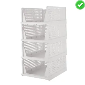 Stackable Plastic Storage Basket 4 Pack, Drawer Shelf Storage Container, Foldable Closet Organizers and Storage Bins for Wardrobe Cupboard Kitchen Bathroom Office-White