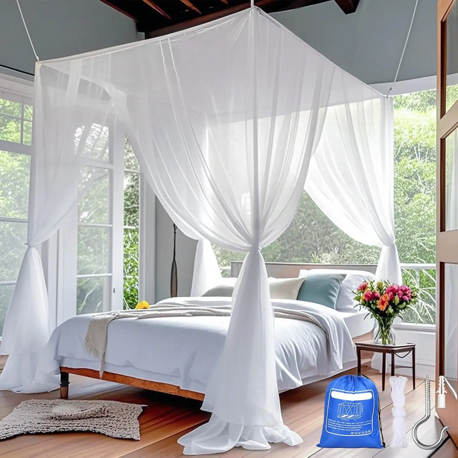 Canopy for Bed 4 Corner White Canopy Bed Curtains, Mosquito Net Bed Canopy for Twin King Queen Full Size Bed, Canopy Bed Curtains Drapes