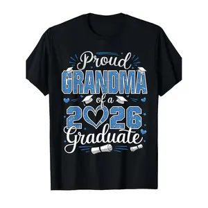Proud Grandma Of A Class Of 2026 Graduate T Shirt Unisex Adult Retro Graduation Cap Diploma Design Heavyweight Pure All Season Comfort Fit Round Neck Short Sleeve Blue And White Print With Golden Lettering Class Of 2026 Senior Year
