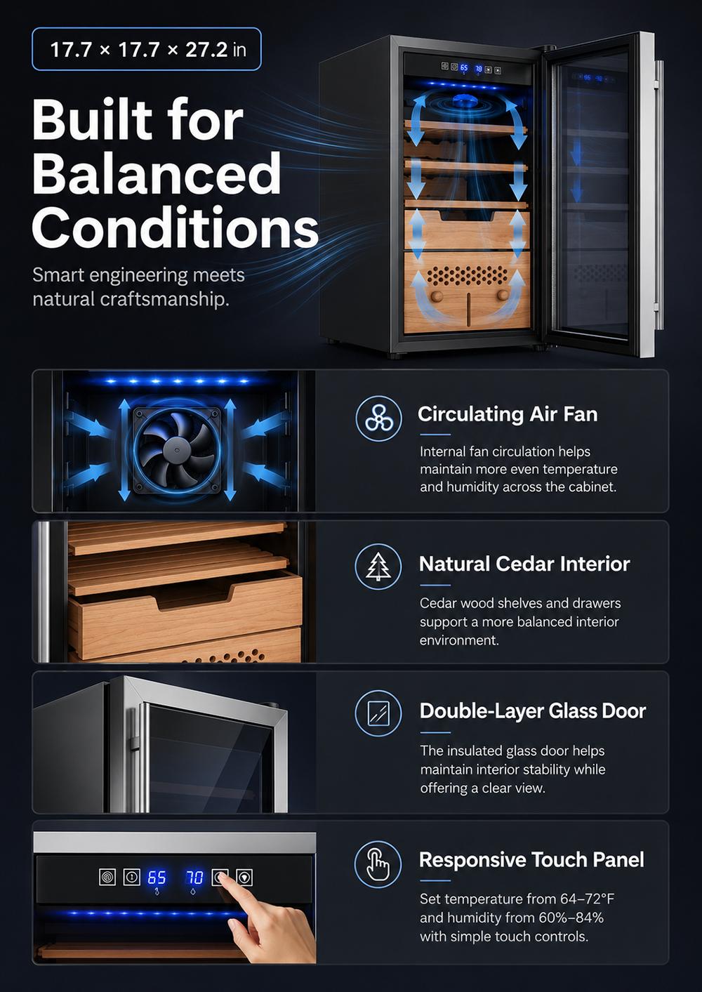 KingChii 43L Smart Electronic Humidor, Auto Temp & Humidity Control, Mold-Resistant Cedar Shelves for Premium Collections, 200 Count