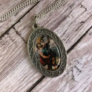 Large St. Christopher Pendant Necklace Full Color Medal with Intricate Scrollwork Design and Durable Chain