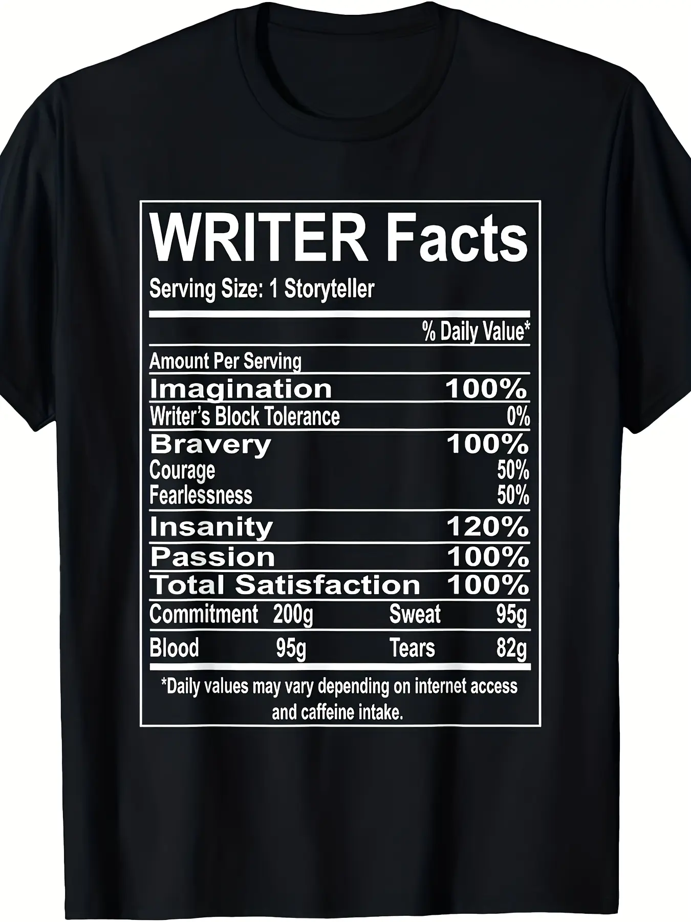 Writer Facts Storyteller Nutrition Information T S unisex soft cotton short sleeve t shirt, vintage graphic casual tee for men women teens, perfect birthday holiday gift for camping travel gym daily street  wear