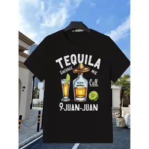 Summer t Shirts Tequila Themed T-Shirt | Black with Elixir of Meriment Bottle and Glass, Lime, and Sombrero Print | Perfect for Party and Casual Wear, Fashion Lovers Must Have, All-season, Vintage Style, Crew Neck, Slight Stretch Fabric, Regular Fit