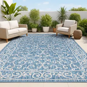 Outdoor Rug Velvet Chenille Non-Slip Rug with Silicone Backing, Blue White Scrollwork Waterproof Washable Fade Resistant Area Rug for Patio RV Camping Deck Backyard Balcony