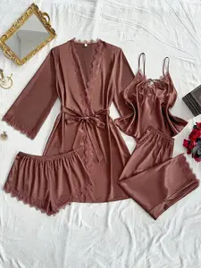 SilkySpell 4pcs/Set Plus Size Women's Sexy Camisole Top, Lace Trim Shorts, Pants, Elegant Satin Robe Plus Size Ladies Sleepwear Set, All Season Lace Pajama Set Lace Sleepwear Set Silk Pajama Set Satin Pajama Set Lingerie Robe Set Lace Pj Set Sleepwear Se
