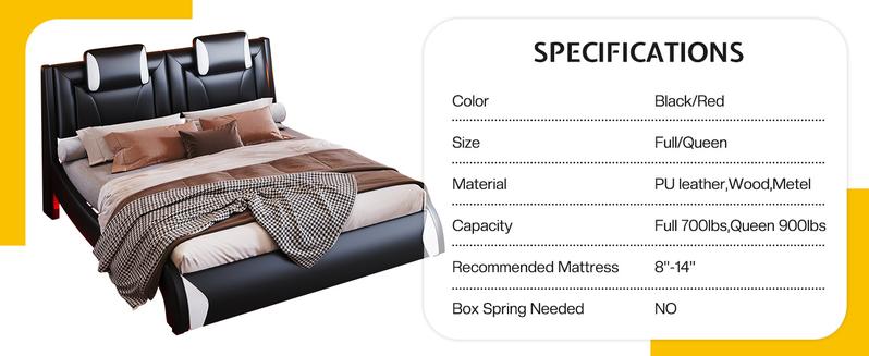 AMERLIFE Bed Frame with LED Lights, Remote&APP Control, Modern Faux Leather Upholstered Platform Bed with Headboard, Wave Like Curve Design, Safety&Comfy, No Box Spring Needed/Luxury Furniture/Full/Queen Size/Best Gift Ideas/Christmas Gifts