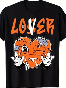 Men's Retro Streetwear T-Shirt – "Lover" Orange Heart Graphic, Black 100% Cotton Tee, Soft Breathable Hip Hop Style Summer Top, Casual Aesthetic Look