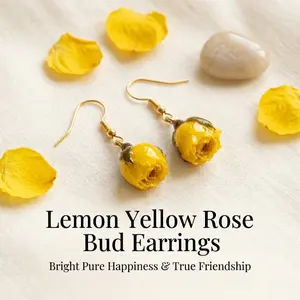 Cottagecore Lemon Yellow Rose Earrings，Dainty Gold Hook Spring Floral Earrings，Bright Happiness Lemon Yellow Rose Earrings，True Friendship Preserved Floral Jewelry，Handmade Lemon Yellow Rose Bud Earrings，Real Dried Flower Resin Drop Earrings