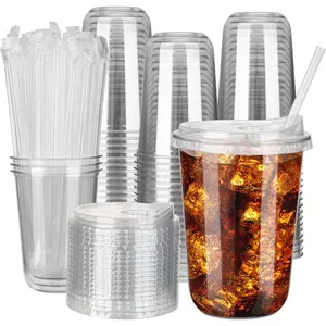 100 Sets 16oz Disposable Stemless Plastic Cups with Strawless Sip , Clear PET Coffee Cups for Iced Coffee, Cold Drinks, Halloween, Christmas, Party and Drink Shop Supplies (Clear (16oz))