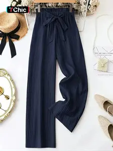 Women's Bowknot Pleated Woven Elastic Waist Straight Leg Wide Leg Pants, Casual Feminine Long Trousers for Ladies, New European Style