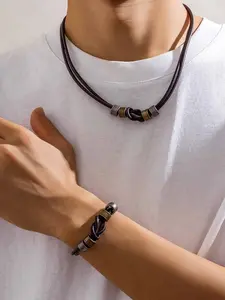 Minimalist Leather Knotted Circle Necklace for Men, Hip Hop Style Beaded Choker with High-End Appeal, Unique Cross-Border Accessory, Casual Trendy Jewelry