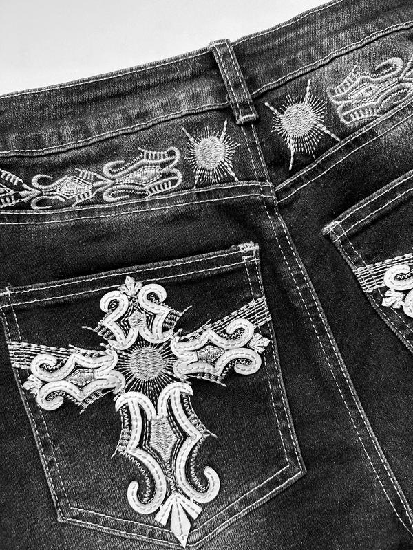 Grunge Punk Y2K Retro Poket Cross Wings Embroidered Flare Leg Fitted Stretch Jeans For Women,Bootcut Jeans