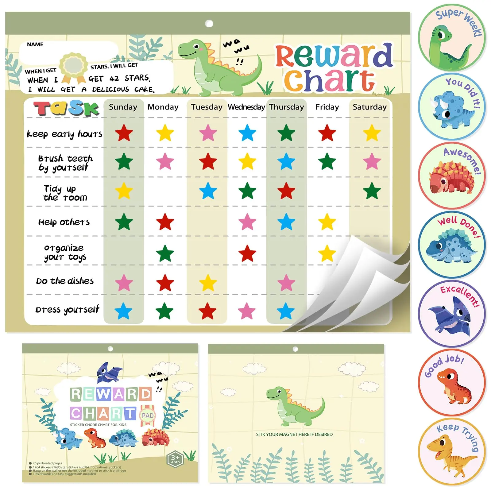 Magnetic Reward Chart for Kids at Home, Behavior Chart Pad with 26 Chore Charts, 1680 Star Stickers, 84 Motivational Stickers to Develop Responsibility & Good Habits (Dinosaur)