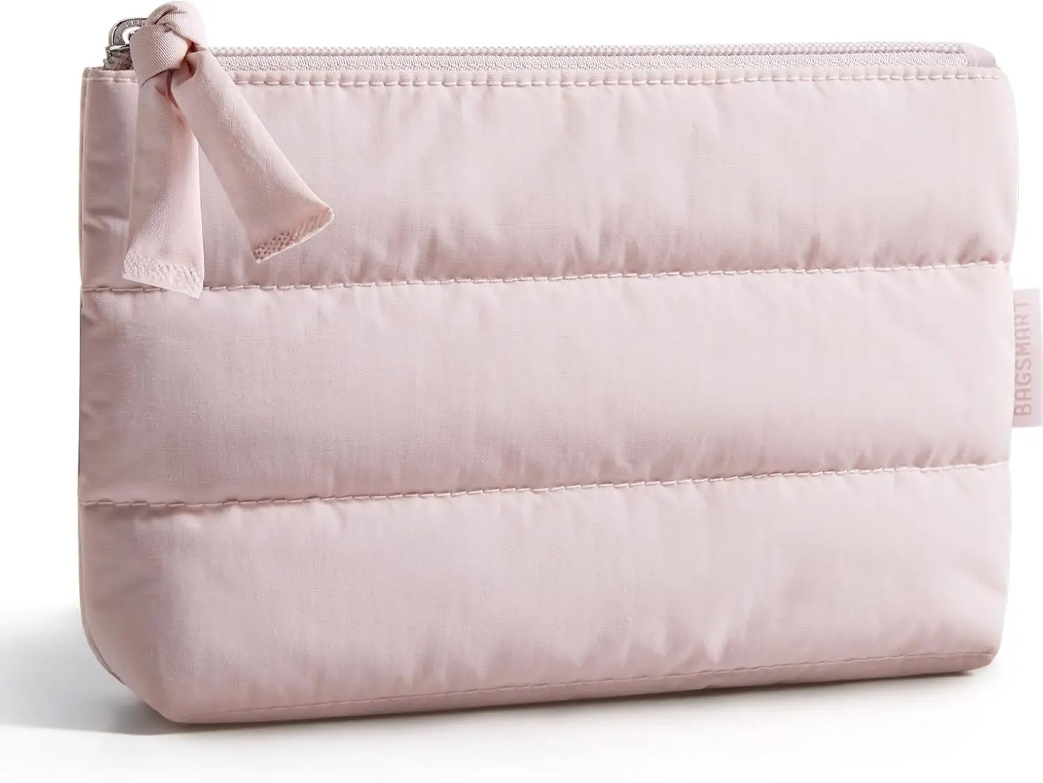 BAGSMART Small Makeup Bag, Machine Washable Puffy Cosmetic Pouch, Pink | Soft water-resistant puffy fabric. Compact yet spacious. Zipper pouch Ideal for travel, toiletry, purse storage & gifting