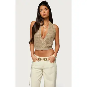 Edikted Women's Sequin Crochet Backless Halter Top