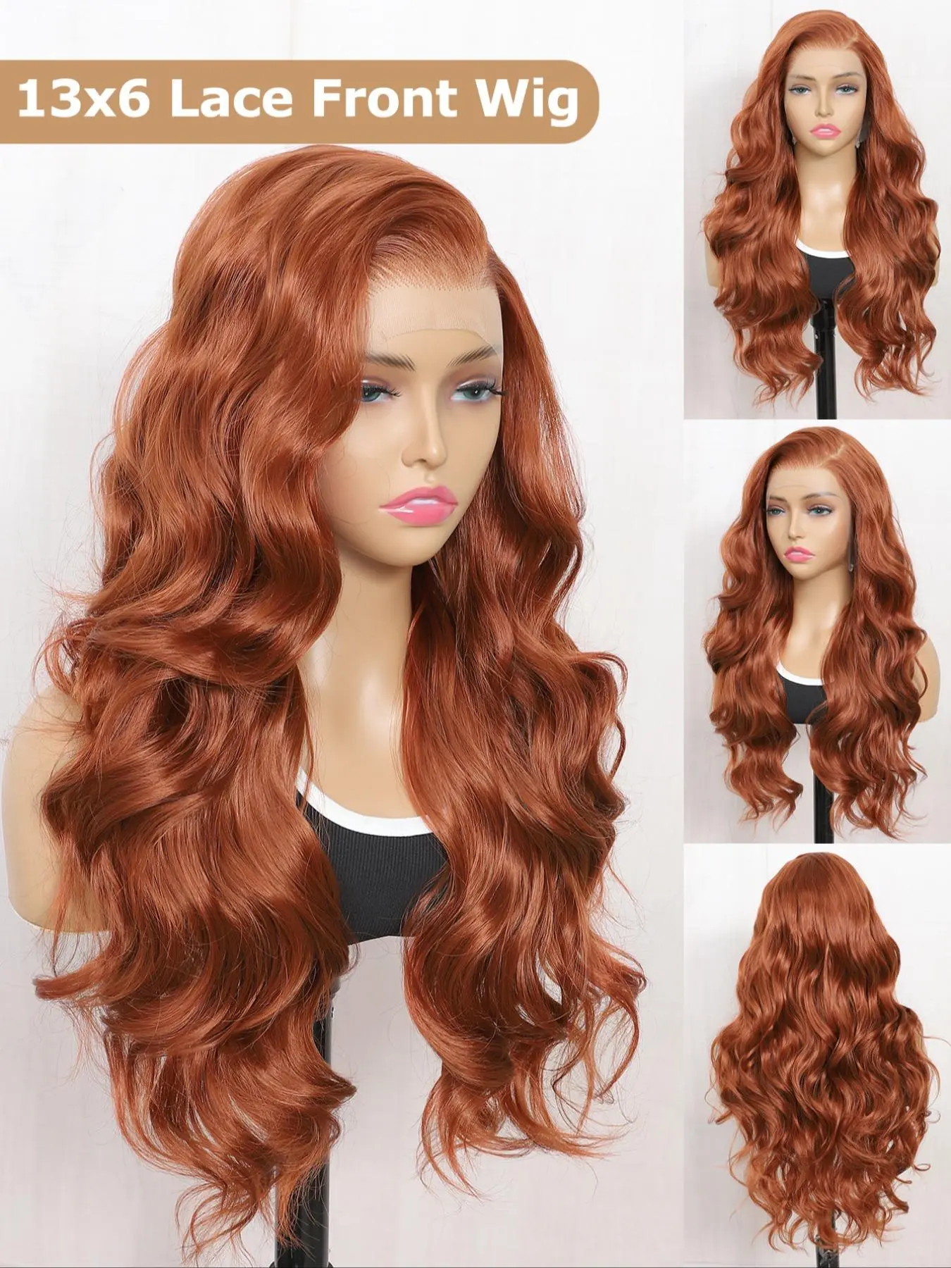 24 inch HD Lace Front Synthetic Wig, Long Curly Layered Wigs for Women 24 Inch Burgundy/Ginger Long Body Wavy Wigs for Women  main image 2