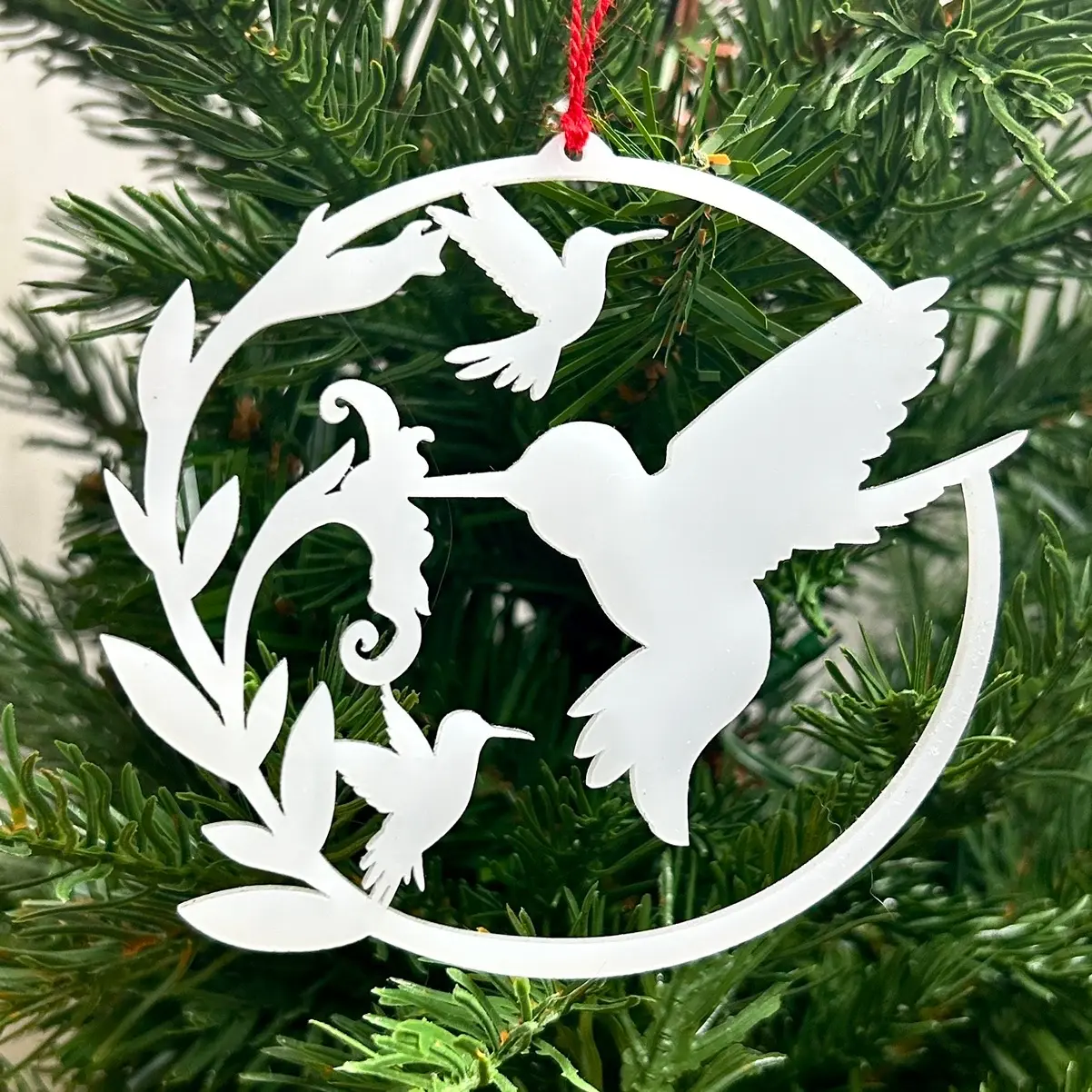 Hummingbird Christmas Ornament, White Acrylic