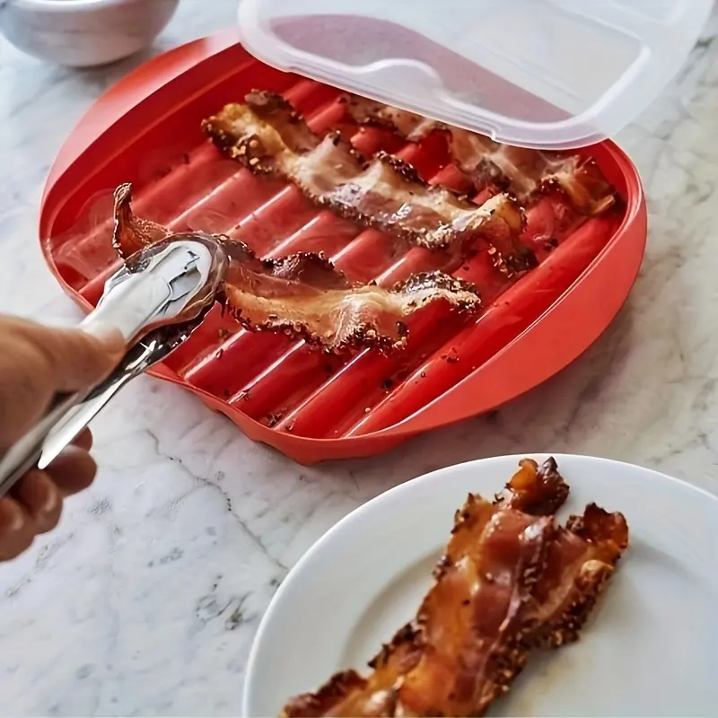 10.8in，Microwave Bacon Maker Microwavable Bacon Grill, Bacon Tray, Pizza Tray, Sauce Tray, Microwave Oven Cooker, Red White