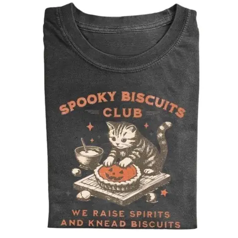 Women's Cotton Fitted Crew Neck Short-Sleeve Printed Halloween Top - Spooky Biscuits Club, Cat, Pumpkin Pie Baking Theme, Adult Gift