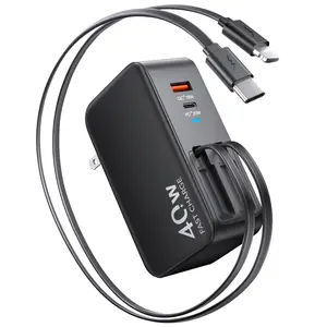 4-in-1 Retractable USB-C Wall Charger Plug, 40W Fast Charging Foldable Block with 3ft Lightning-Type C Cables, Portable Electronic Protection Accessory for iPhone 17/16/15/14/13, Smartphone, Cellphone, iPad, Galaxy Travel Essential outdoorfun