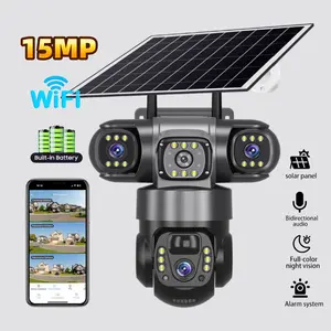 Three-Lens WiFi Wireless Network Surveillance Camera, 15mp Solar-Powered Outdoor Cam, 10x Zoom, 360° View, Night Vision, Ptz, Ip66 Security