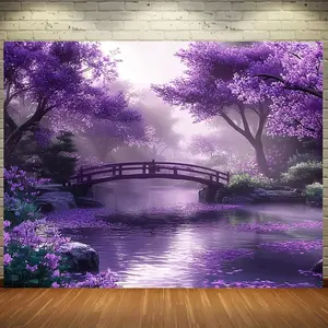 Summervibes 1PC Polyester Reusable 2D Flat Dreamy Purple Cherry-Blossom Bridge Door Banner - Birthday Festival Decoration Curtain, Romantic Riverside Flower Tree Door Hanging, Home Bedroom Atmosphere Decor Cloth