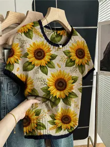 Elegant Women's Sunflower Floral Print Round Neck Sweater, Spring Summer Fall Casual Short Sleeve Knit Top, Breathable Color Block Design