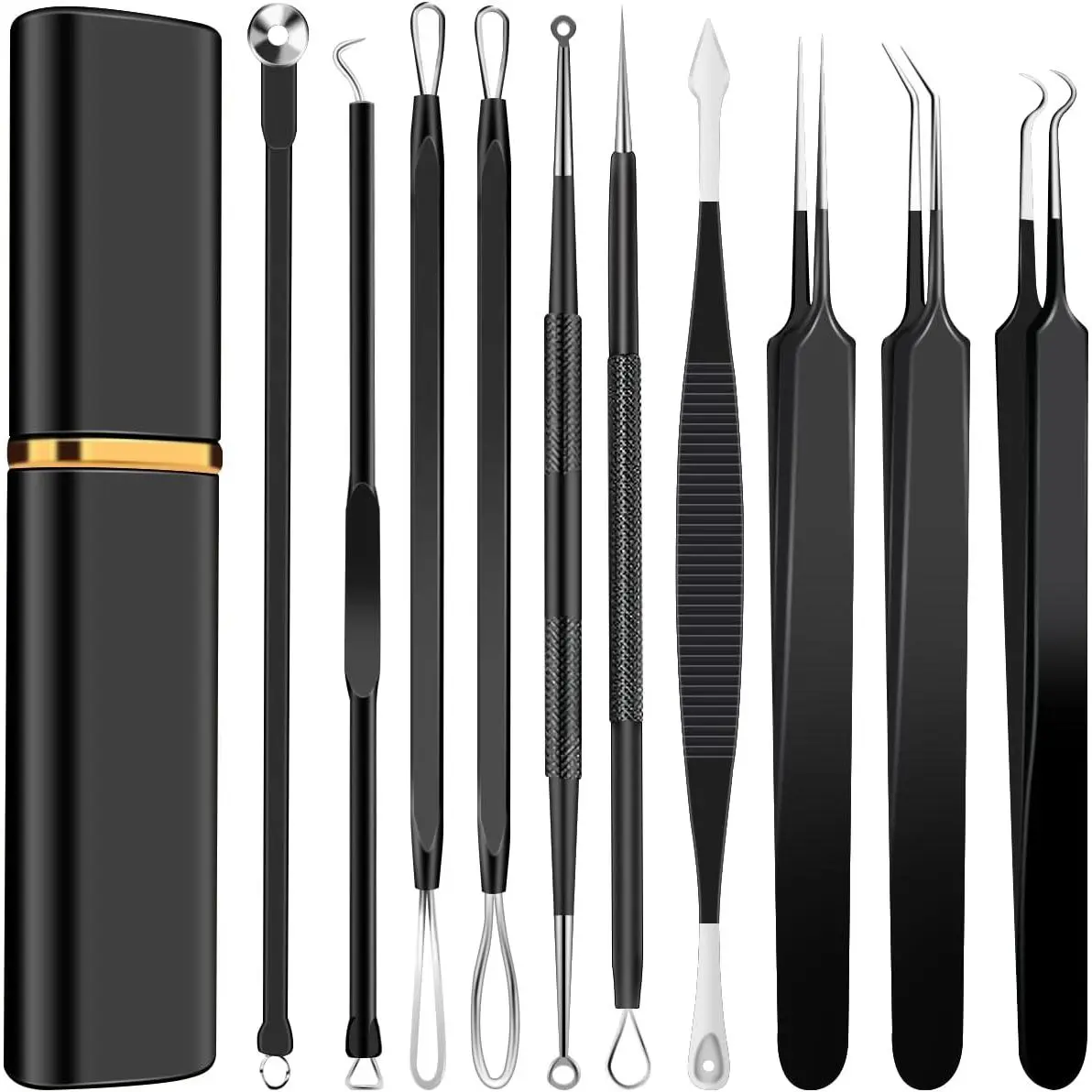 Black 10Pcs Esthetician Multi-Function Gentle Extraction Stainless Steel Pimple Popper Tool Kit - Sensitive Skin Acne Care, Blackhead Remover, Comedone Extractor, Acne Needle Tweezers, Metal Travel Case for Facial Nose Pore & Ingrown Hair Care