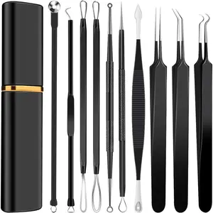 10Pcs Stainless Steel Pimple Popper Tool Kit, Blackhead Remover Tools Comedone Extractor Set, Acne Needle Tweezers for Facial Nose Care, with Metal Travel Case