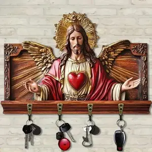 Golden Virgin Mary Jesus Statue Decoration Wall-Mount Wooden Key Rack with 4 Metal Hooks, Home Decor for Porch, Room, Villa - Paw Trimmer