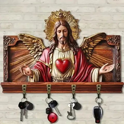 Wall-Mountable Wooden Key Holder with 4-Hooks, Golden Metal Mary Religious Art Figure, Decorative Household Home Supplies for Entryway Space-Saving Organization
