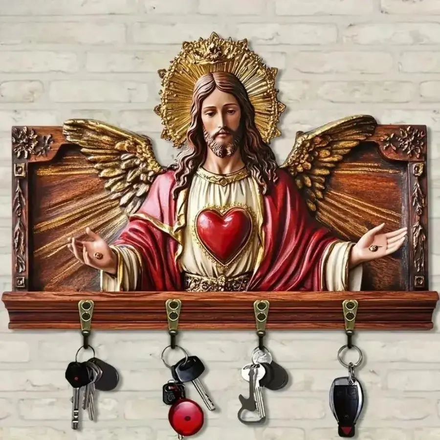 Decorative Golden Virgin Mary Jesus Statue Wooden Wall Shelf Key Rack - Wall-Mountable Home Decorations with 4 Metal Hooks, Space-Saving Hanging Shelves for Home Porch Room Accessories