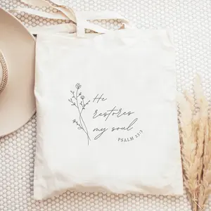 Minimalist Bag He Restores My Soul Psalm Bible Verse Tote Bible Bag Tote Christian Accessories Boho Travel Bag Christian Gift for Her